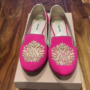 Miu Miu hot pink loafer with gold and stones